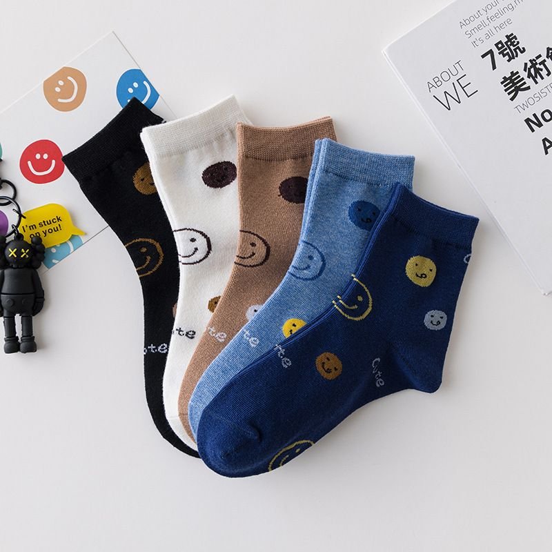 Kids Boys Girls Cute Basic Cartoon Smiley Alphabet Mid-Calf Socks