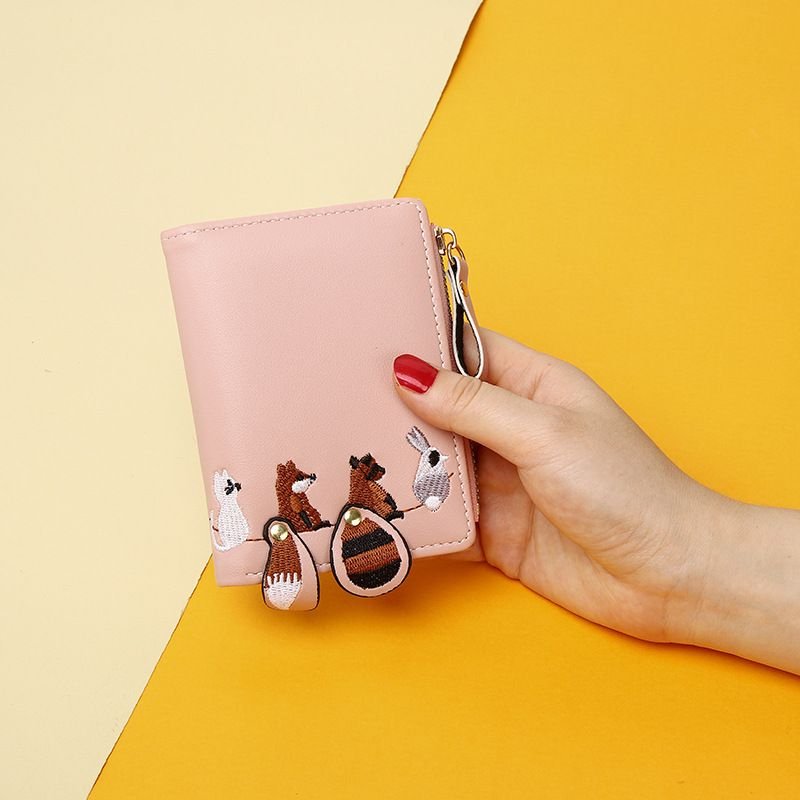 Women Fashion Cute Cartoon Animal Embroidered Folding Mini Wallet